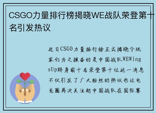 CSGO力量排行榜揭晓WE战队荣登第十名引发热议