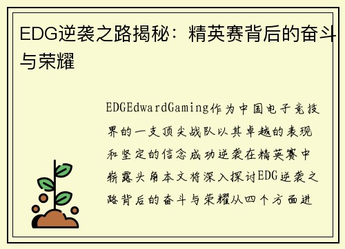 EDG逆袭之路揭秘：精英赛背后的奋斗与荣耀