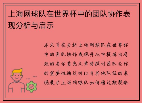 上海网球队在世界杯中的团队协作表现分析与启示